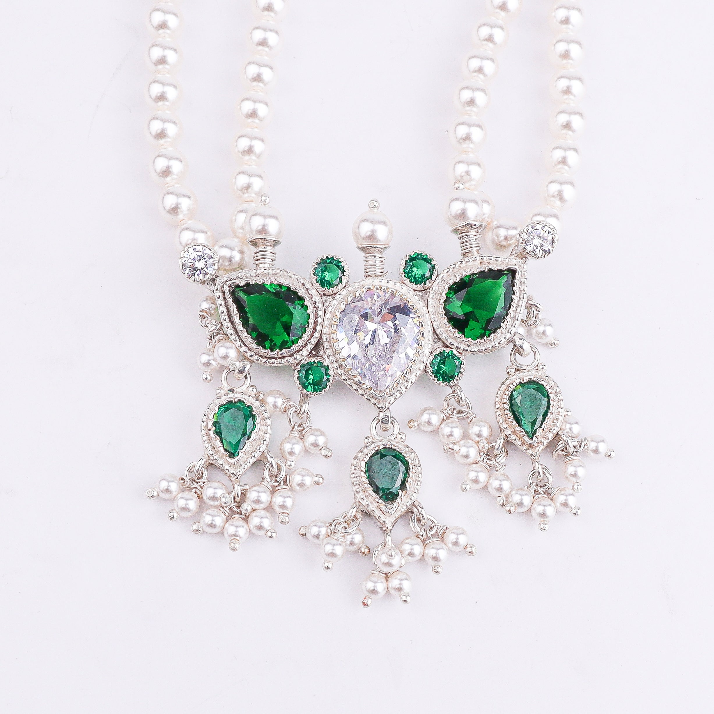 Silver Green & White CZ Tanmani Set with Pearls