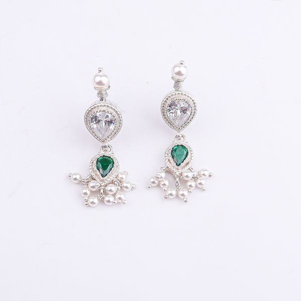 Silver Green & White CZ Tanmani Set with Pearls