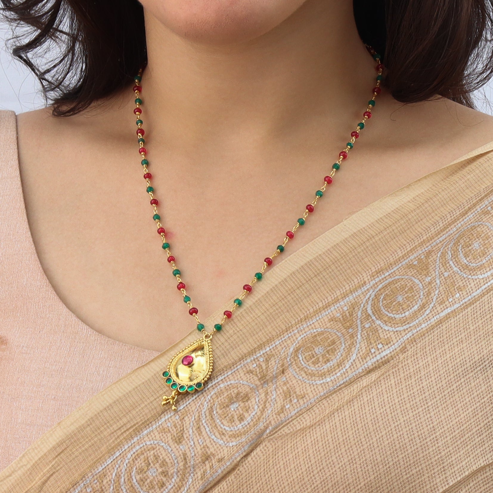 Silver Ganthan Necklace with Ruby and Green Onyx | 92.5 Silver | 22K Gold Plated