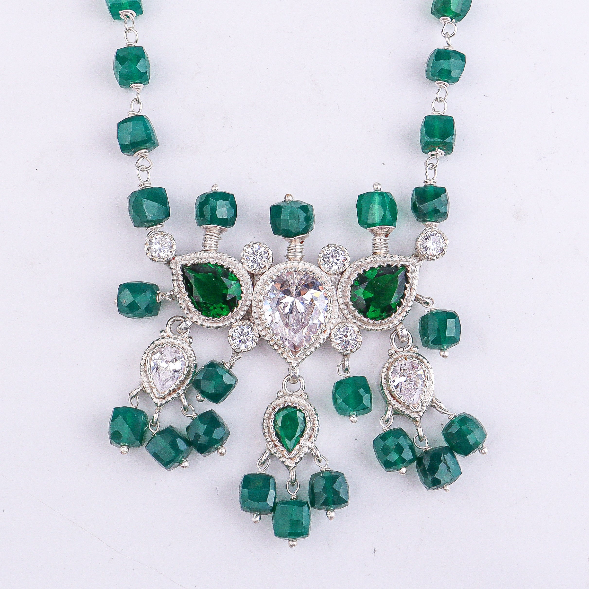 Silver CZ Tanmani Set with Green Onyx
