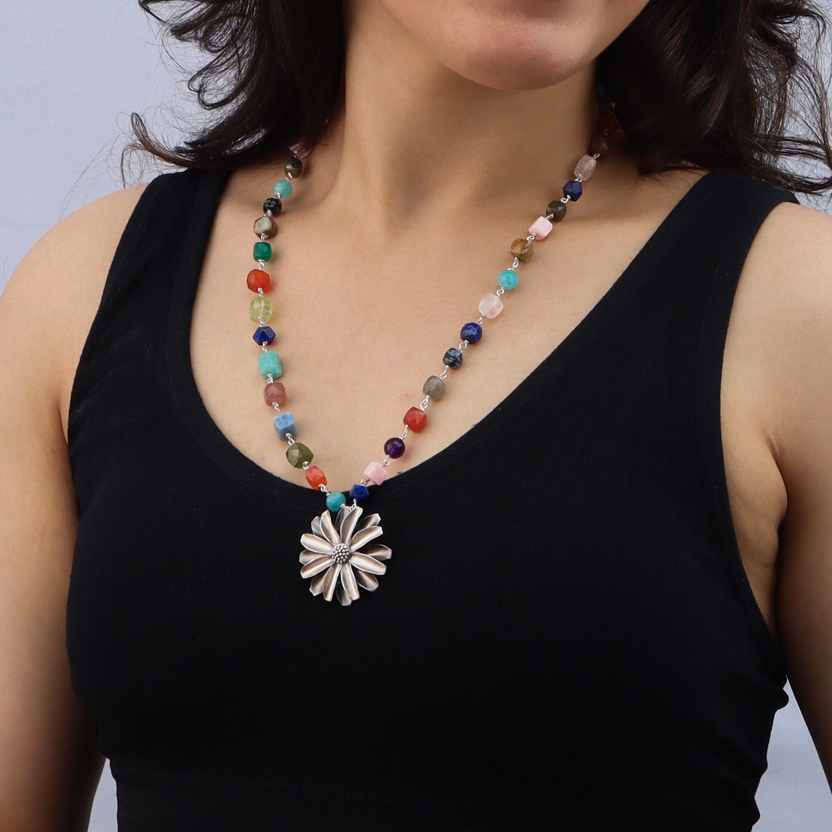 Silver Soorajmukhi Pendant Multicolour Ganthan Necklace