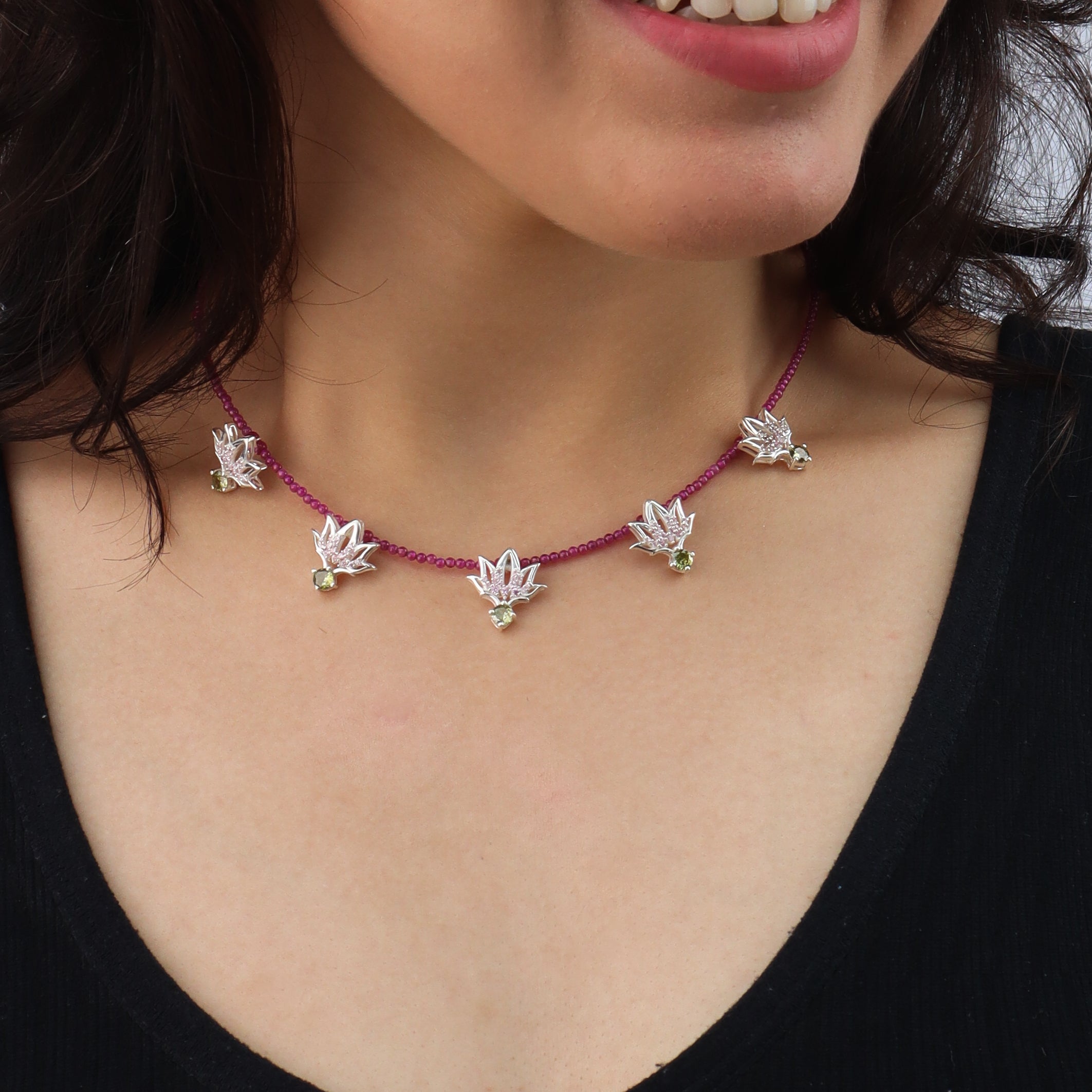 Silver Lotus CZ pendant necklace with ruby | 92.5 Silver | 22K Gold Plated