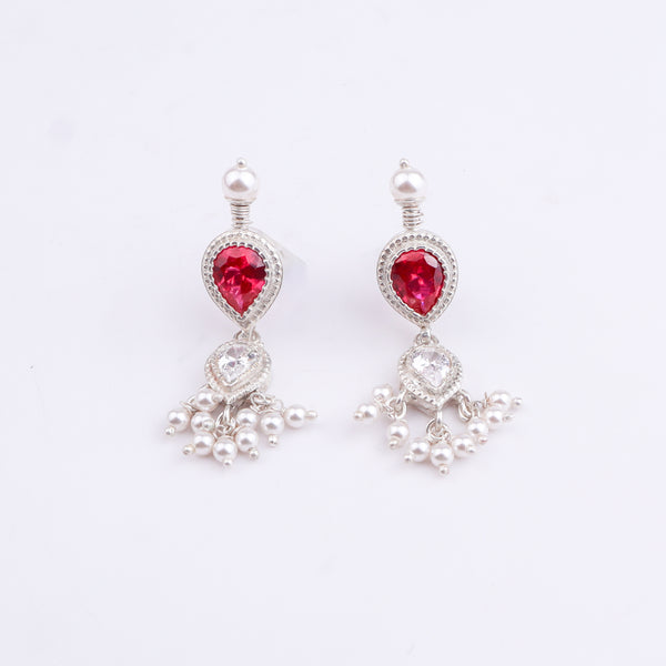 Silver Pink & White CZ Tanmani Set with Pearl Ganthan