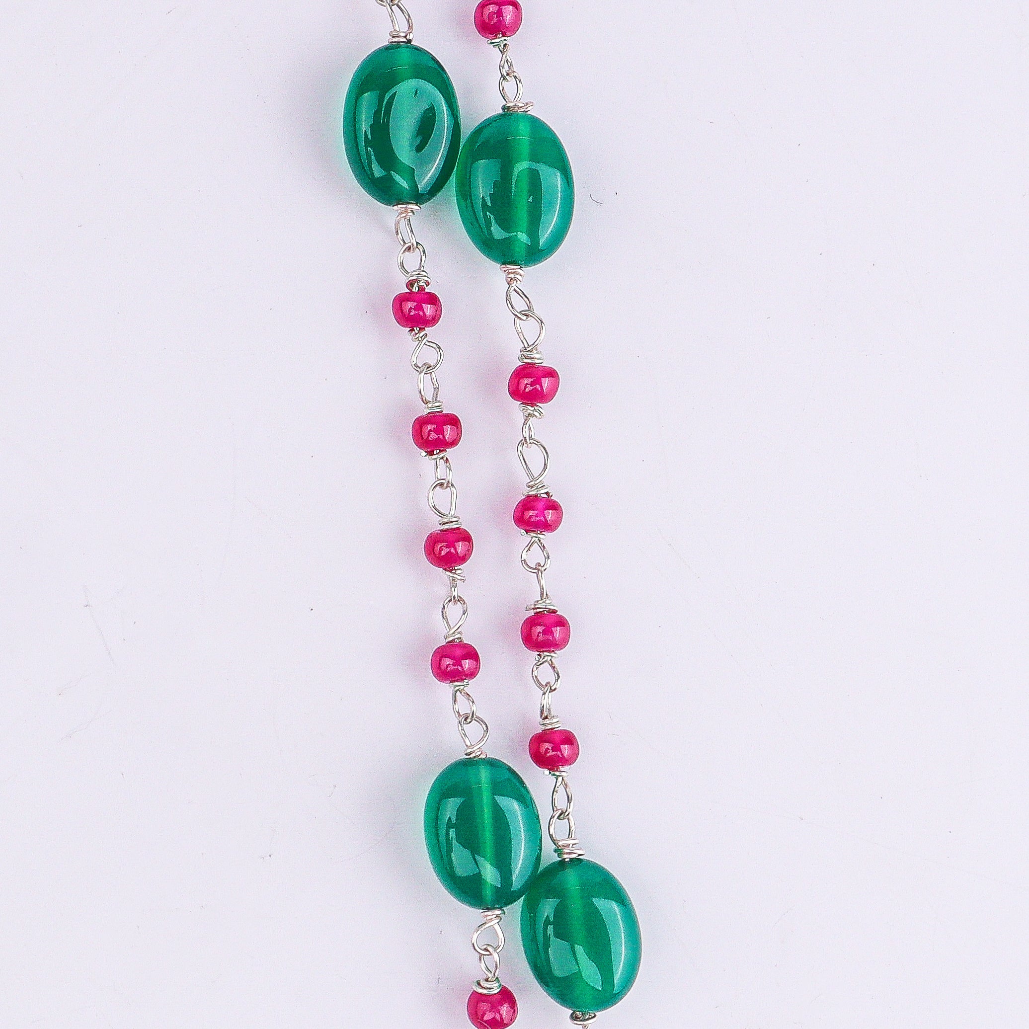 Silver Pink CZ Tanmani Set with Green Onyx & Rubies