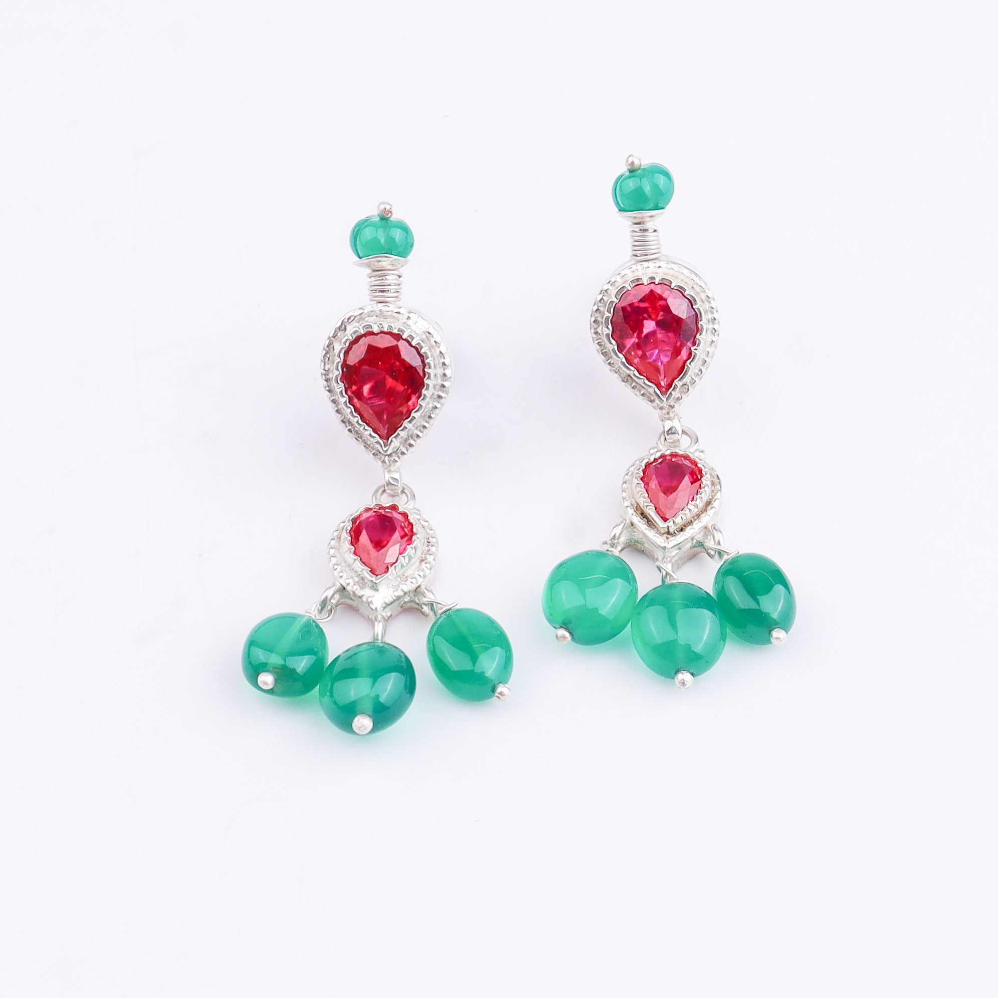 Silver Pink CZ Tanmani Set with Green Onyx & Rubies