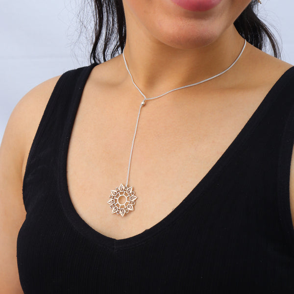 Silver Rosebud Pendant Y Necklace front view in 92.5 sterling silver