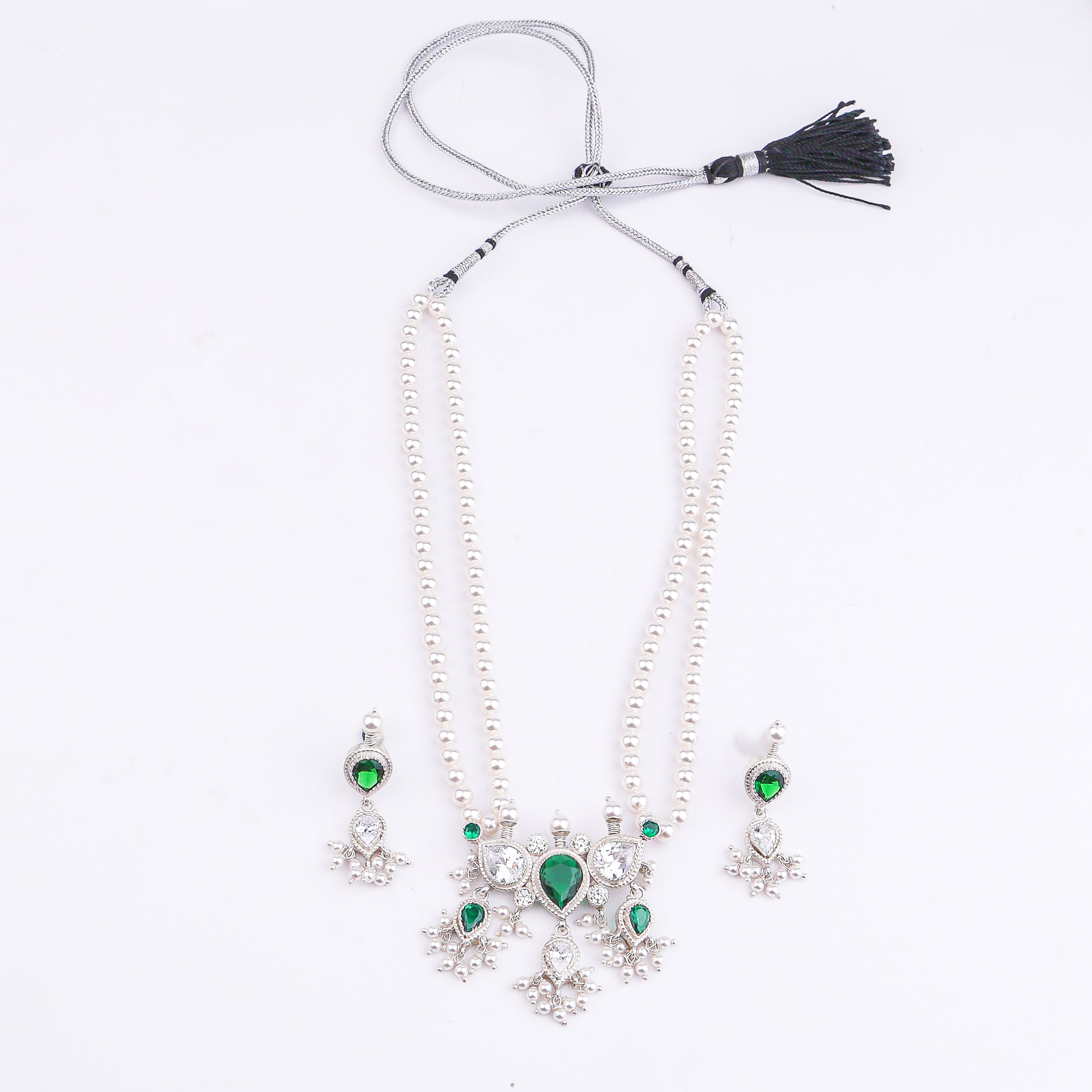 Silver Green & White CZ Tanmani Set with Pearls