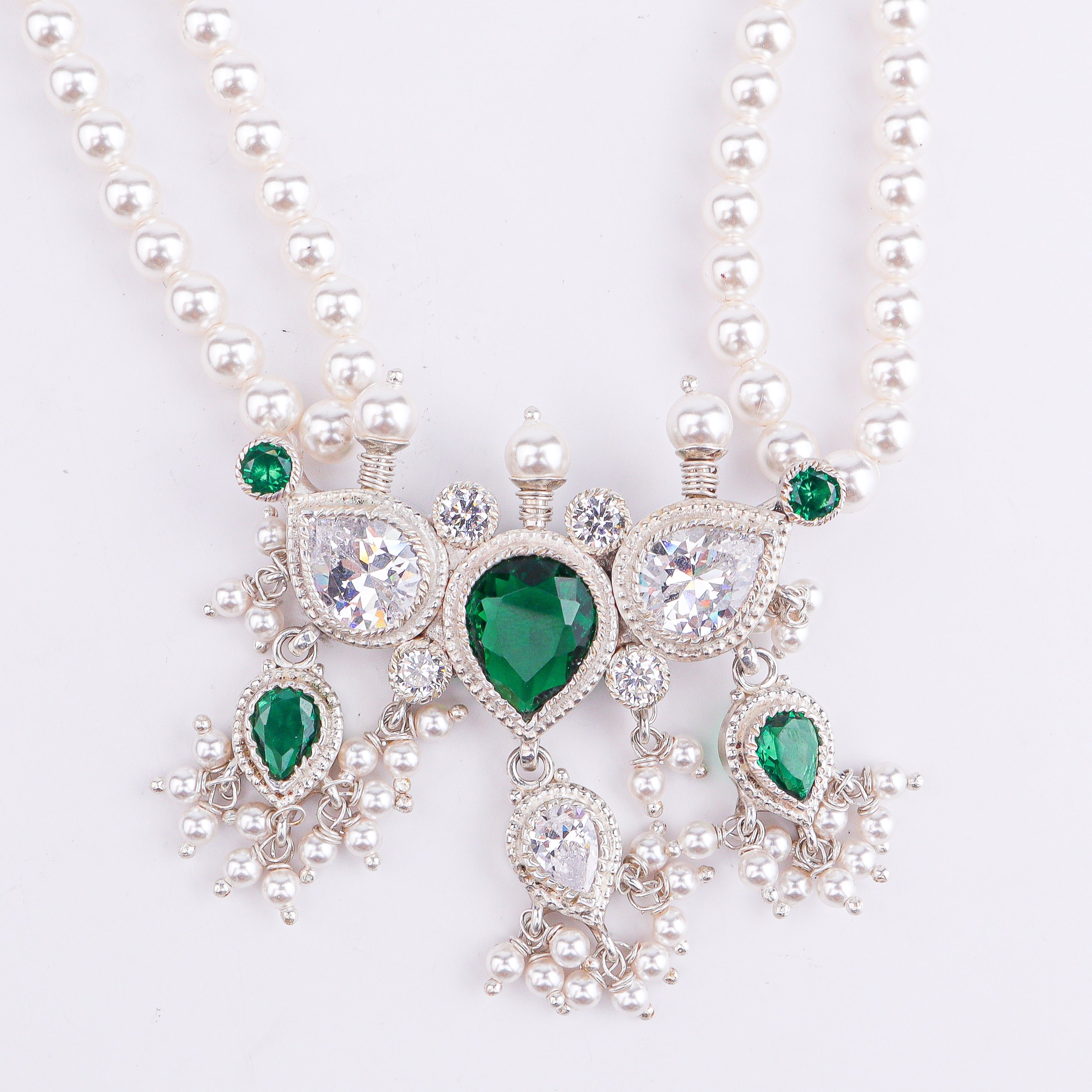 Silver Green & White CZ Tanmani Set with Pearls
