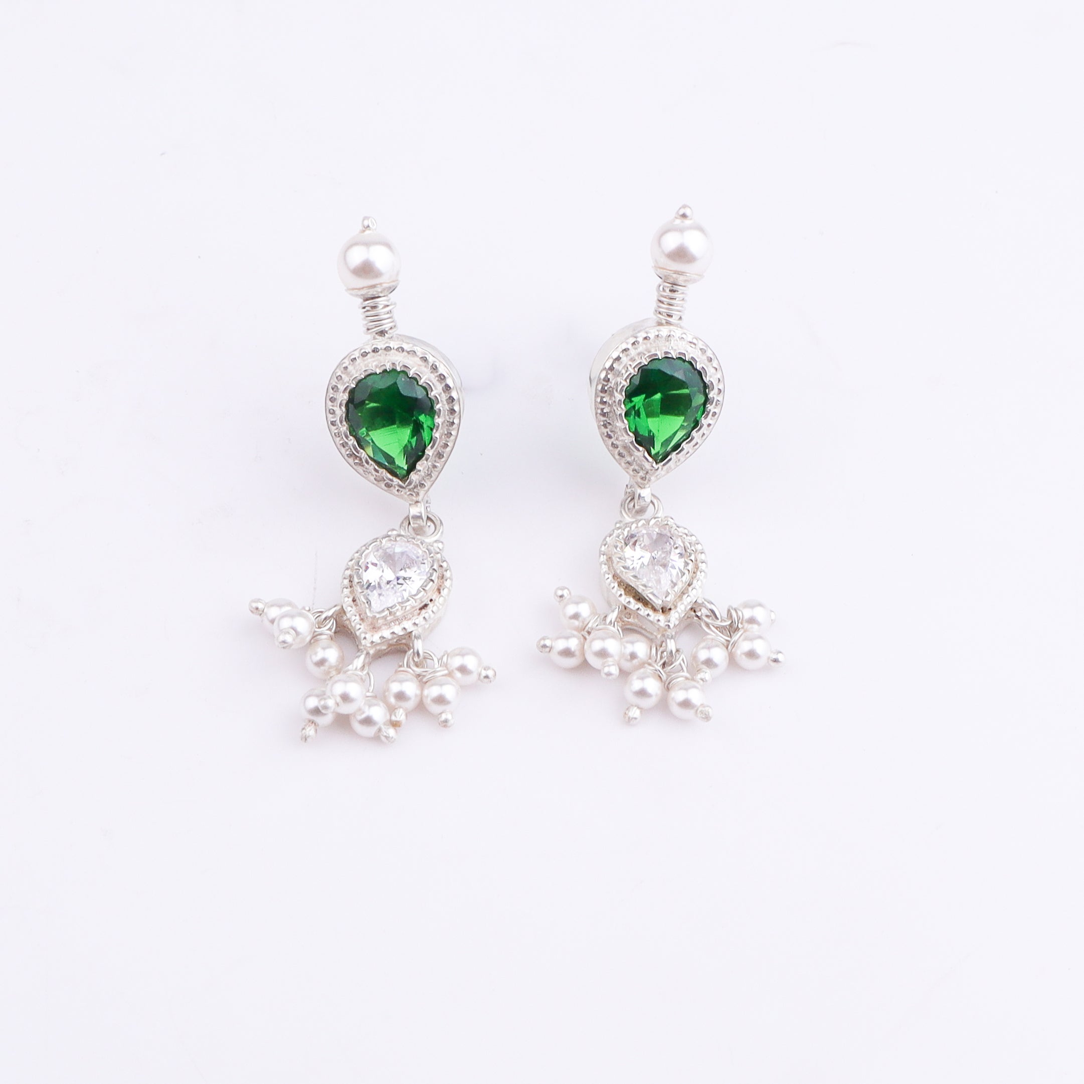 Silver Green & White CZ Tanmani Set with Pearls