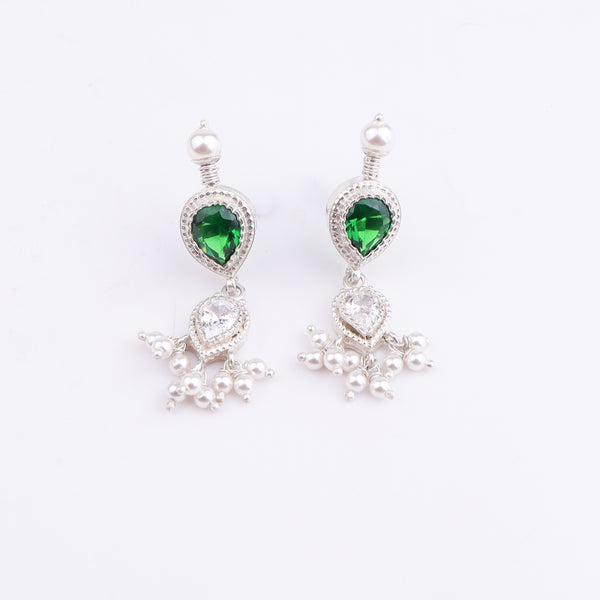Silver Green & White CZ Tanmani Set with Pearls
