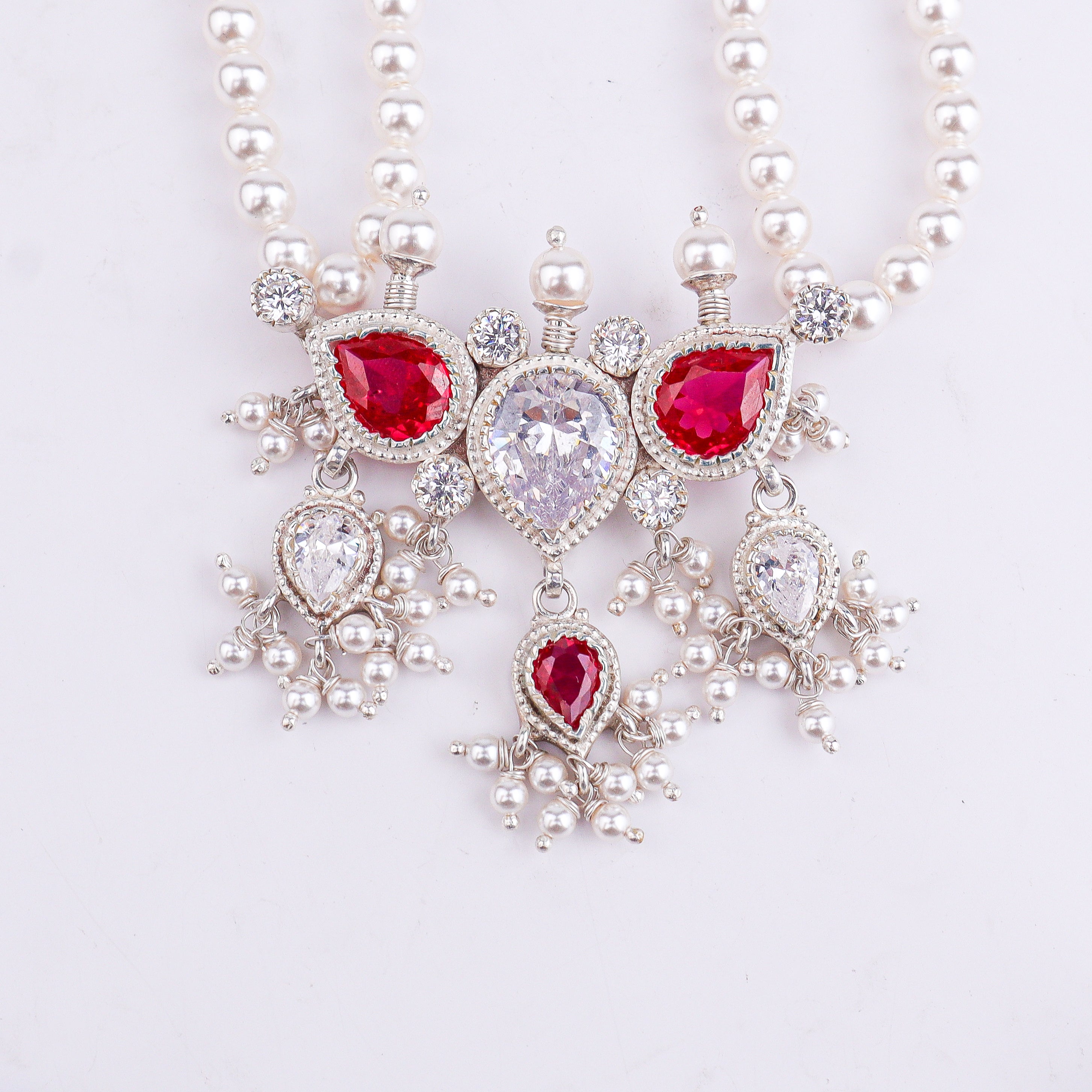 Silver Pink & White CZ Tanmani Set with Pearls