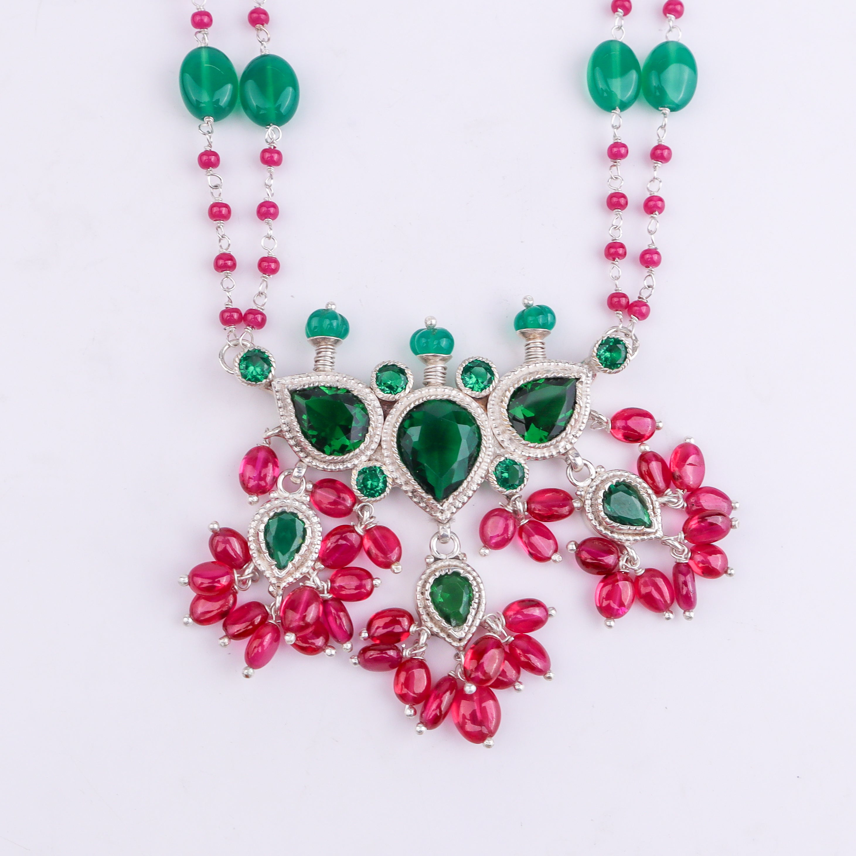 Silver Green CZ Tanmani Set with Green Onyx & Rubies