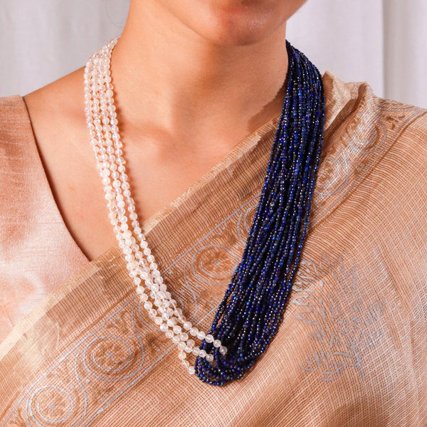 Close-up of Luxe Necklace with lapis and moonstone detailing