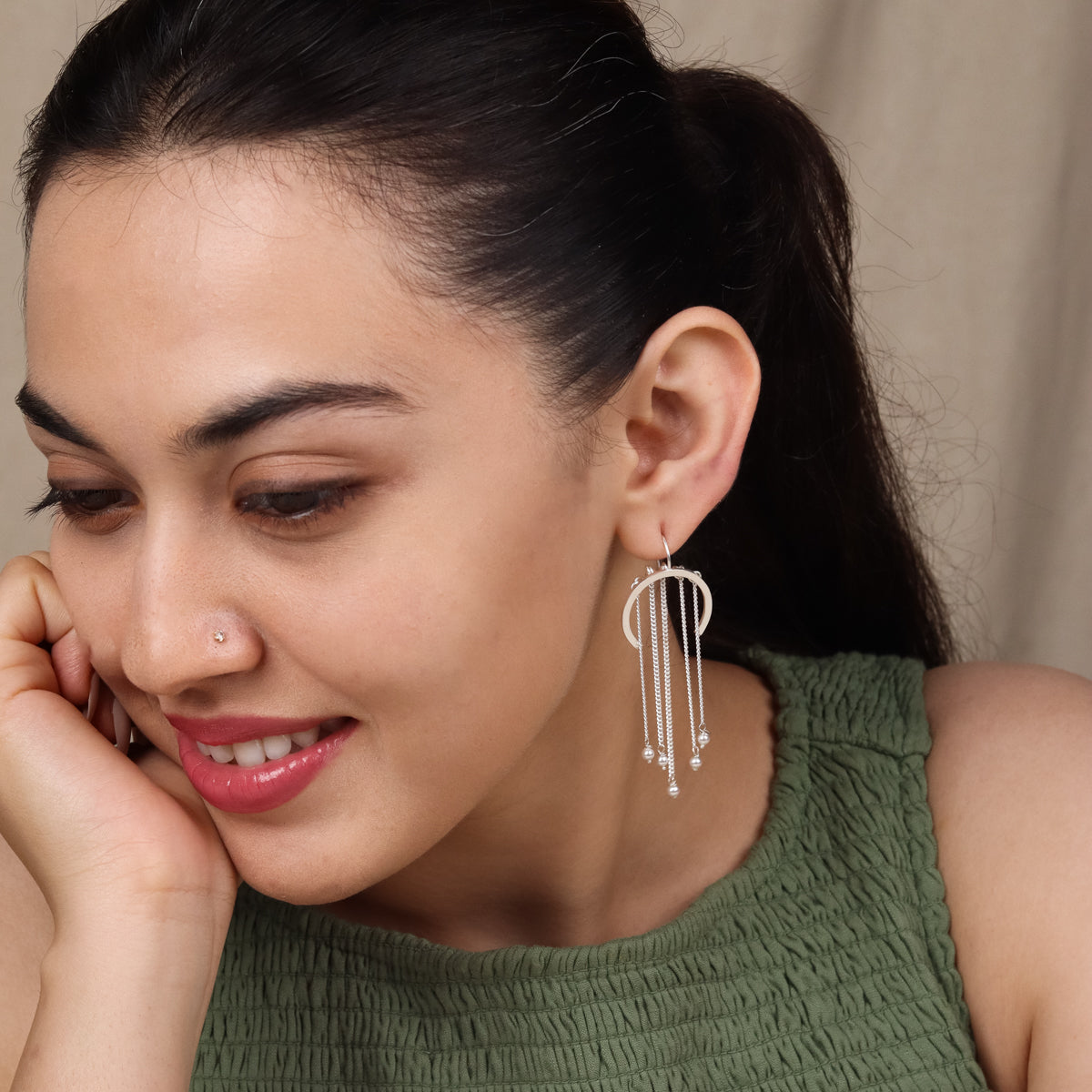 Silver C-Shape Fringe Earrings