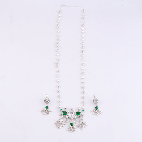 Silver Green & White CZ Tanmani Set with Pearl Ganthan