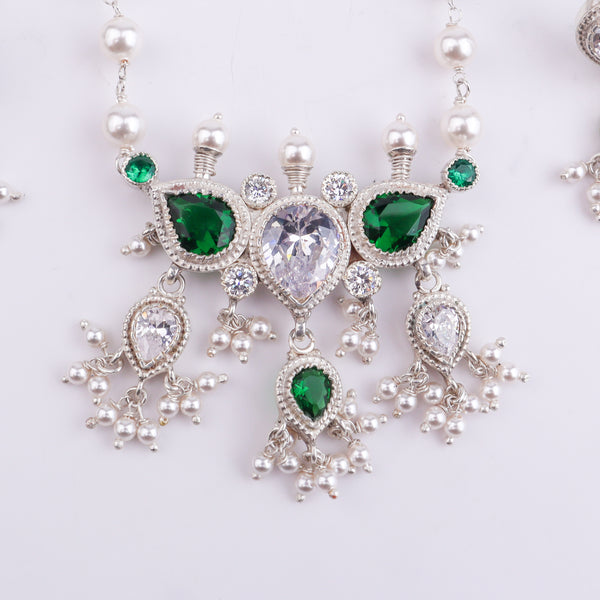 Silver Green & White CZ Tanmani Set with Pearl Ganthan