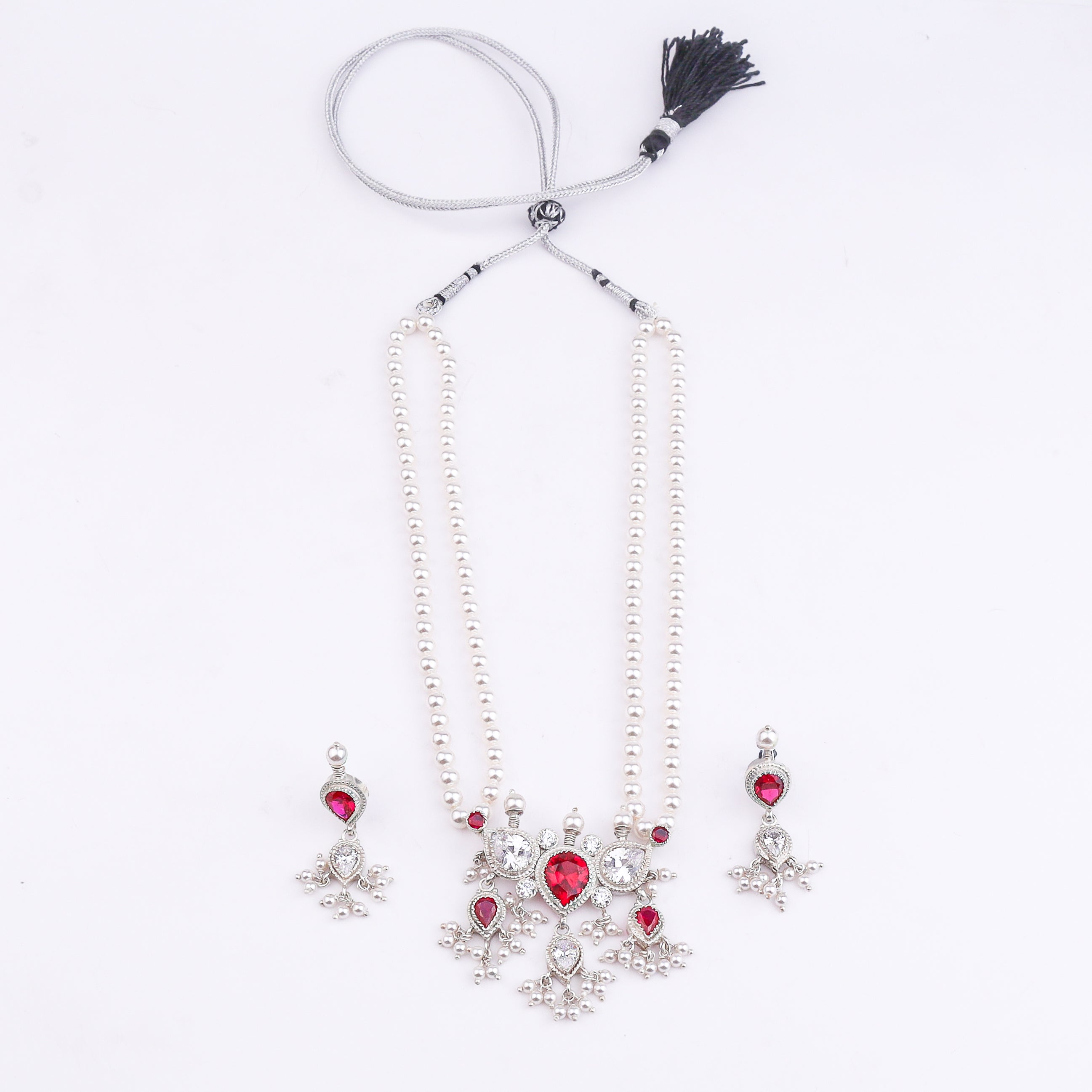 Silver Pink & White CZ Tanmani Set with Pearls
