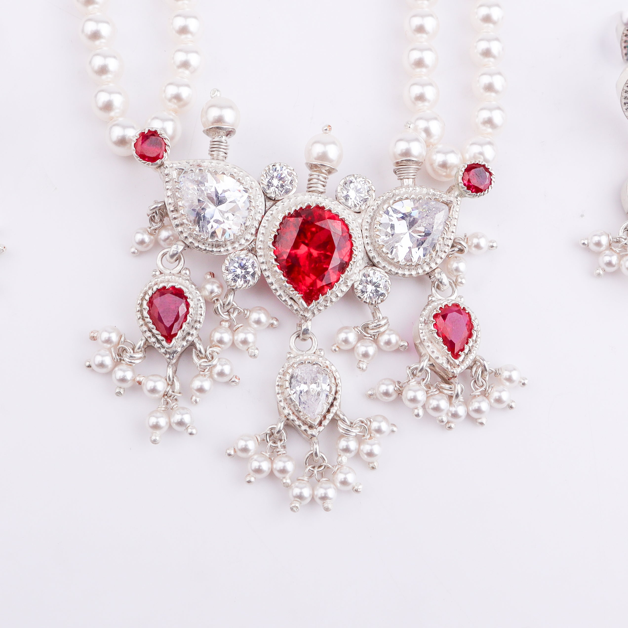 Silver Pink & White CZ Tanmani Set with Pearls