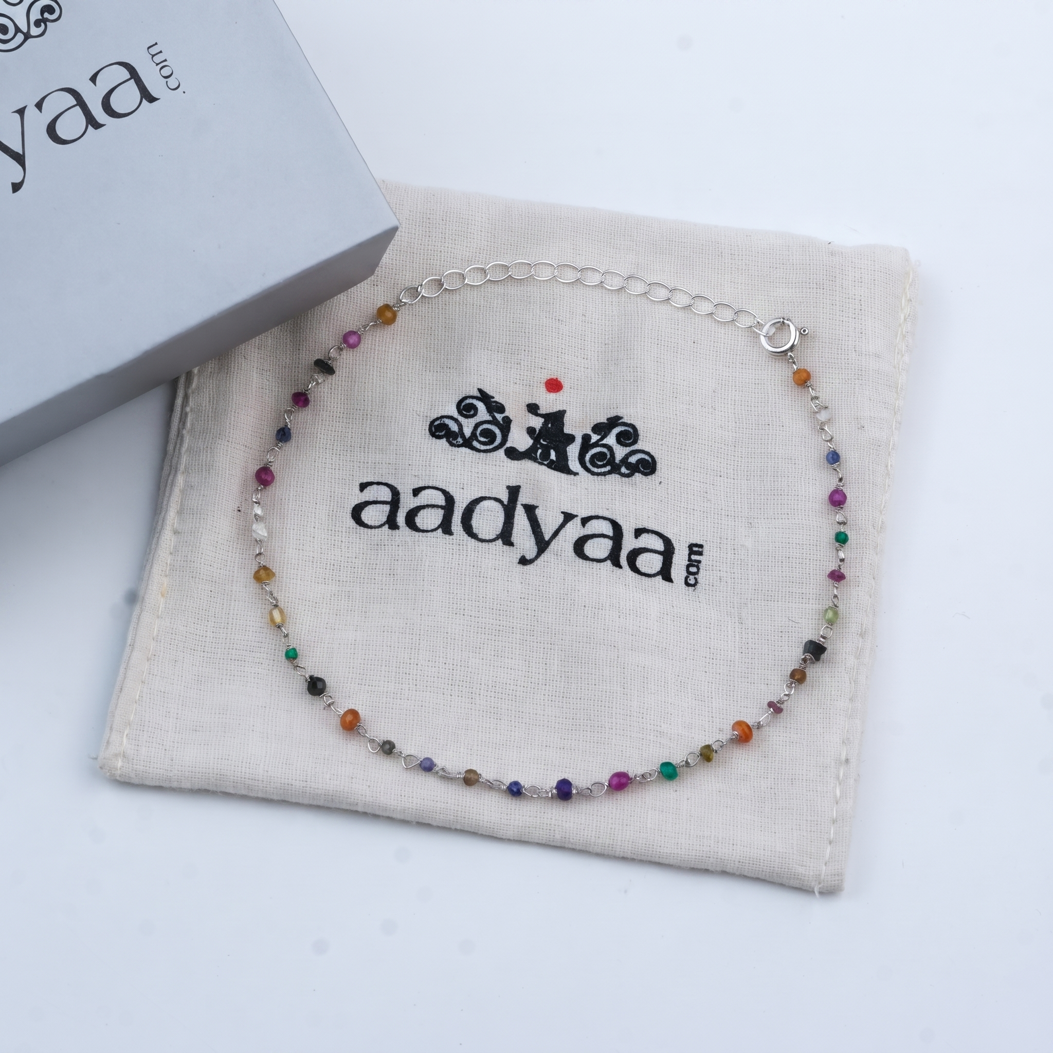 Silver Multicolour Stone Ganthan Anklet