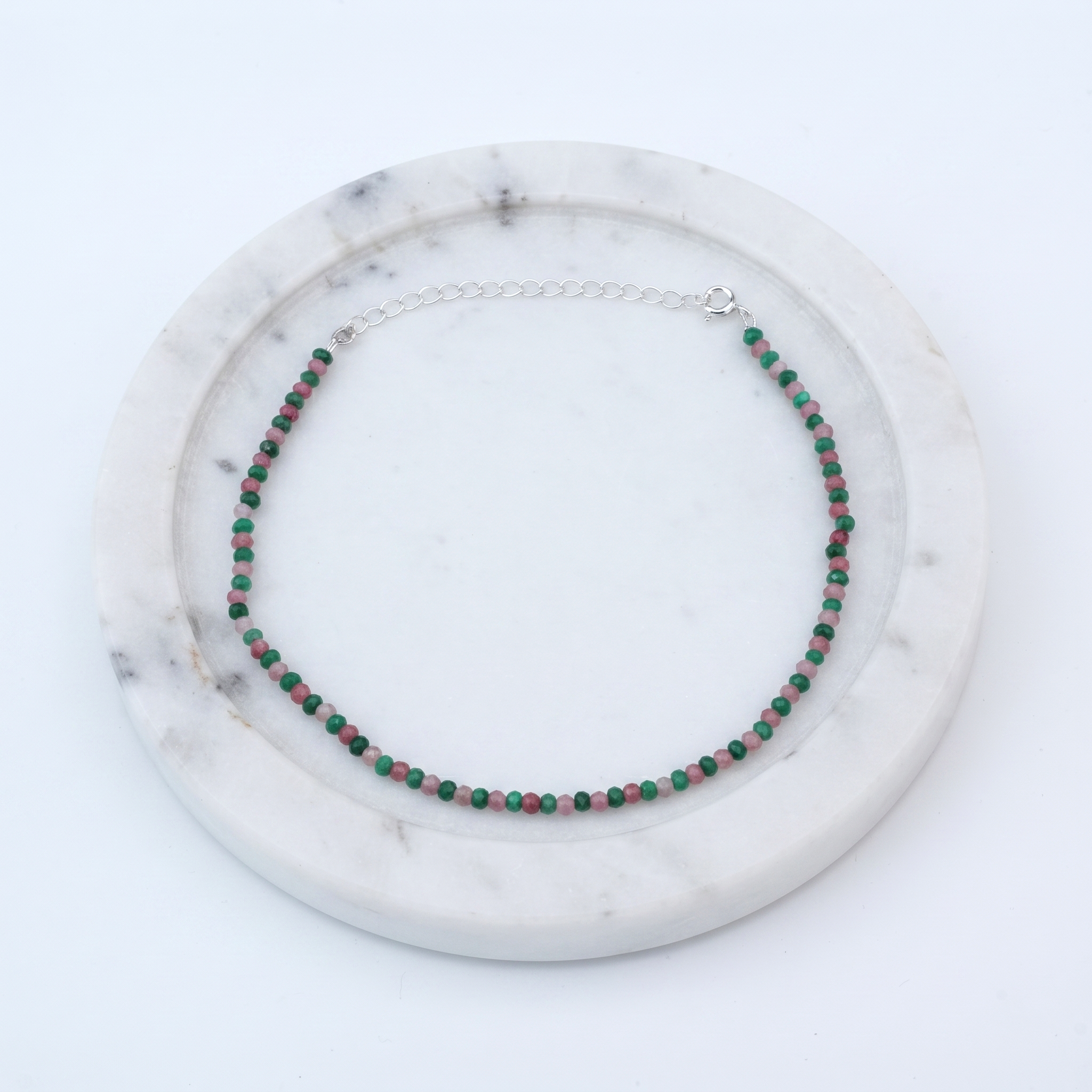 Green & Pink Jade Silver Anklet (Project Handmade)