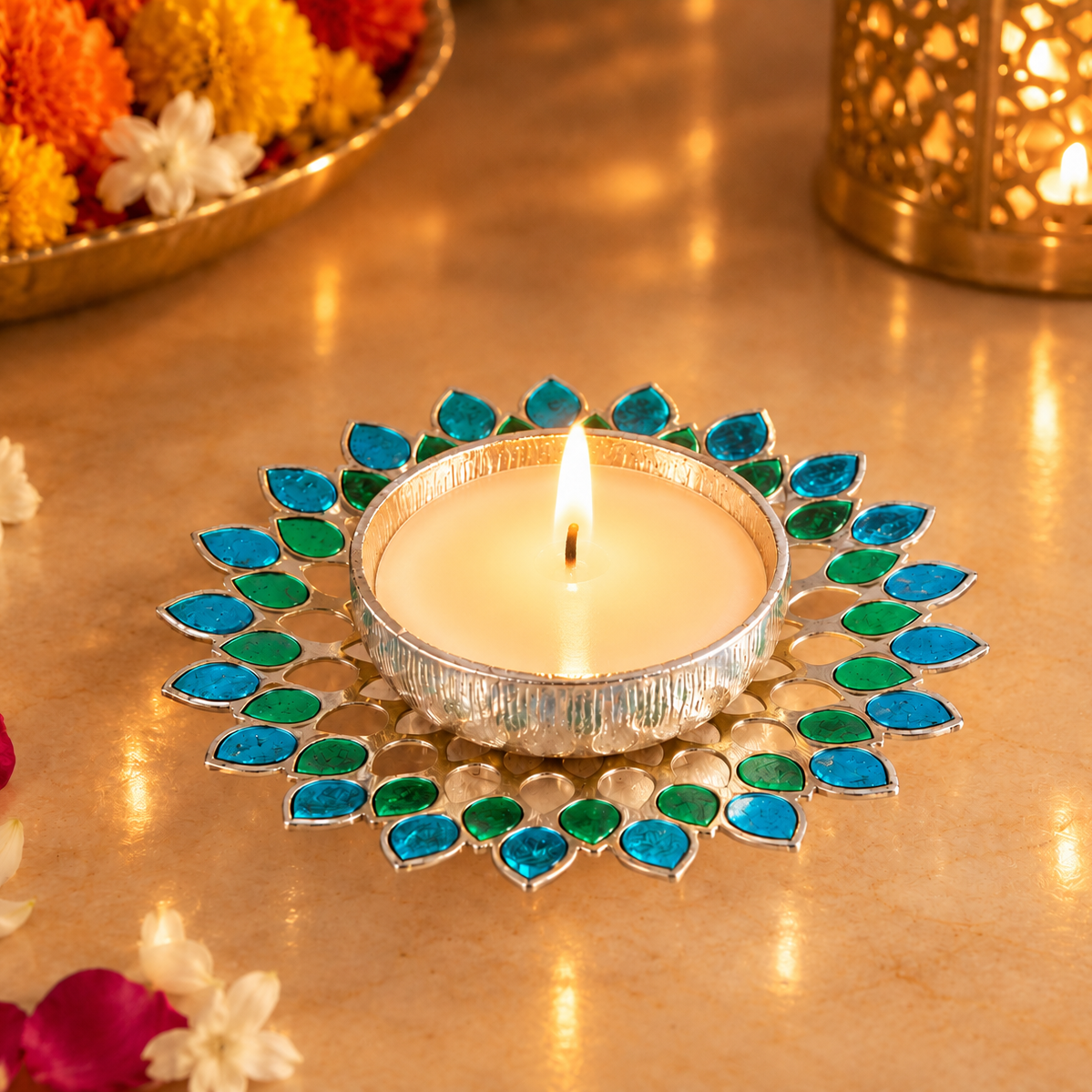 Silver Plated Candle Diya with Blue & Green Enamel