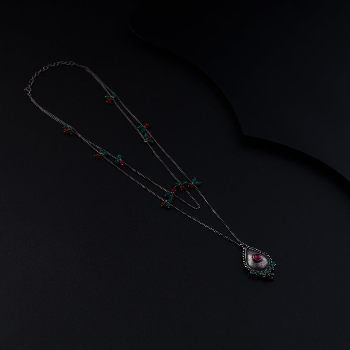 Oxidized Silver Necklace with Ruby and Green Onyx