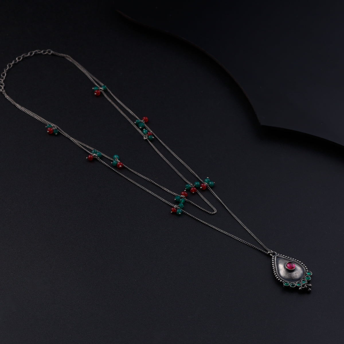 Oxidized Silver Necklace with Ruby and Green Onyx