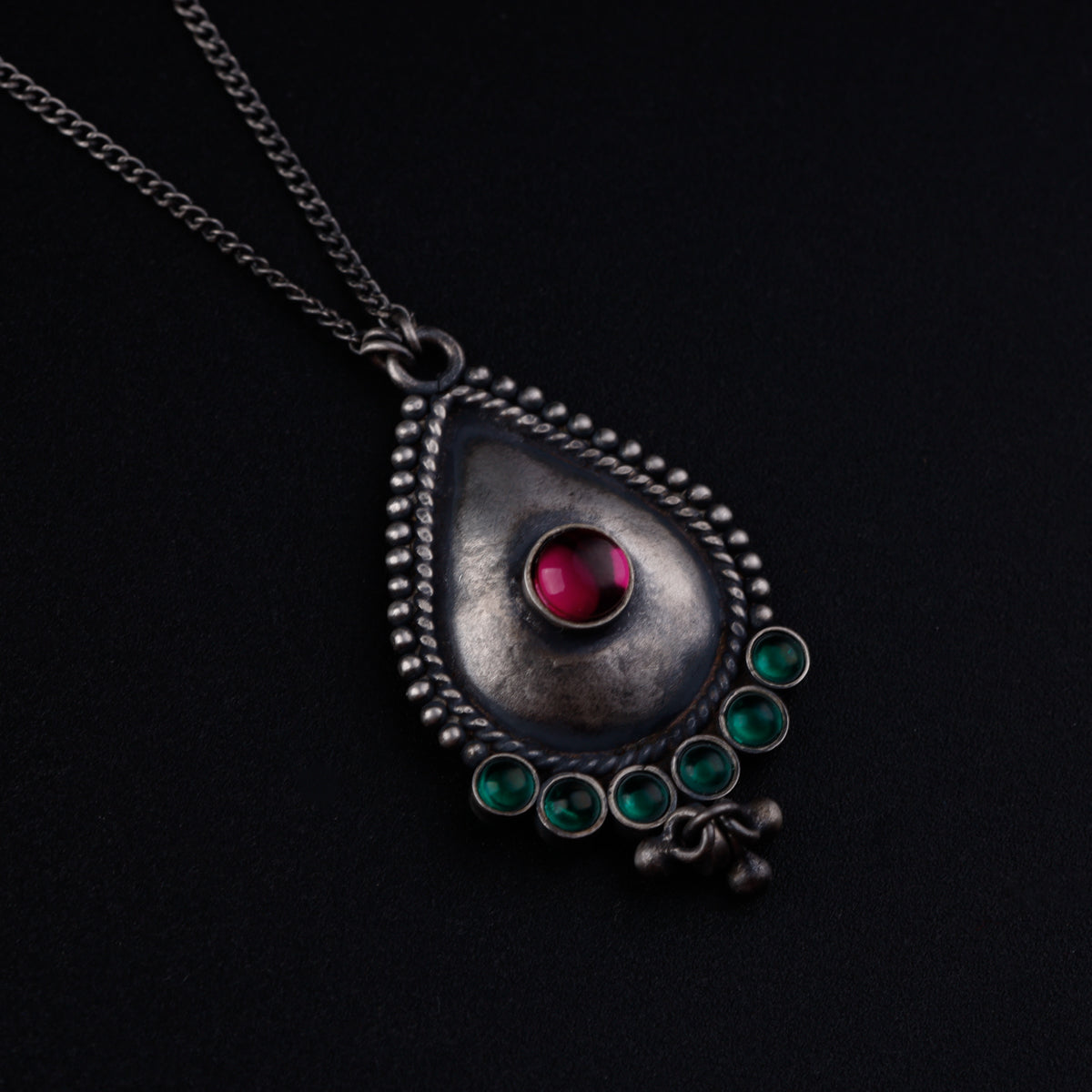 Oxidized Silver Necklace with Ruby and Green Onyx