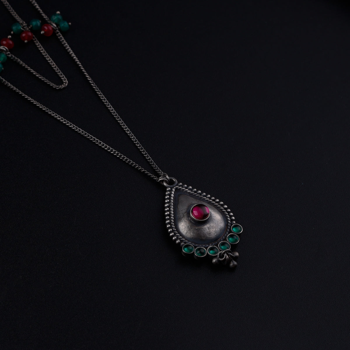 Oxidized Silver Necklace with Ruby and Green Onyx