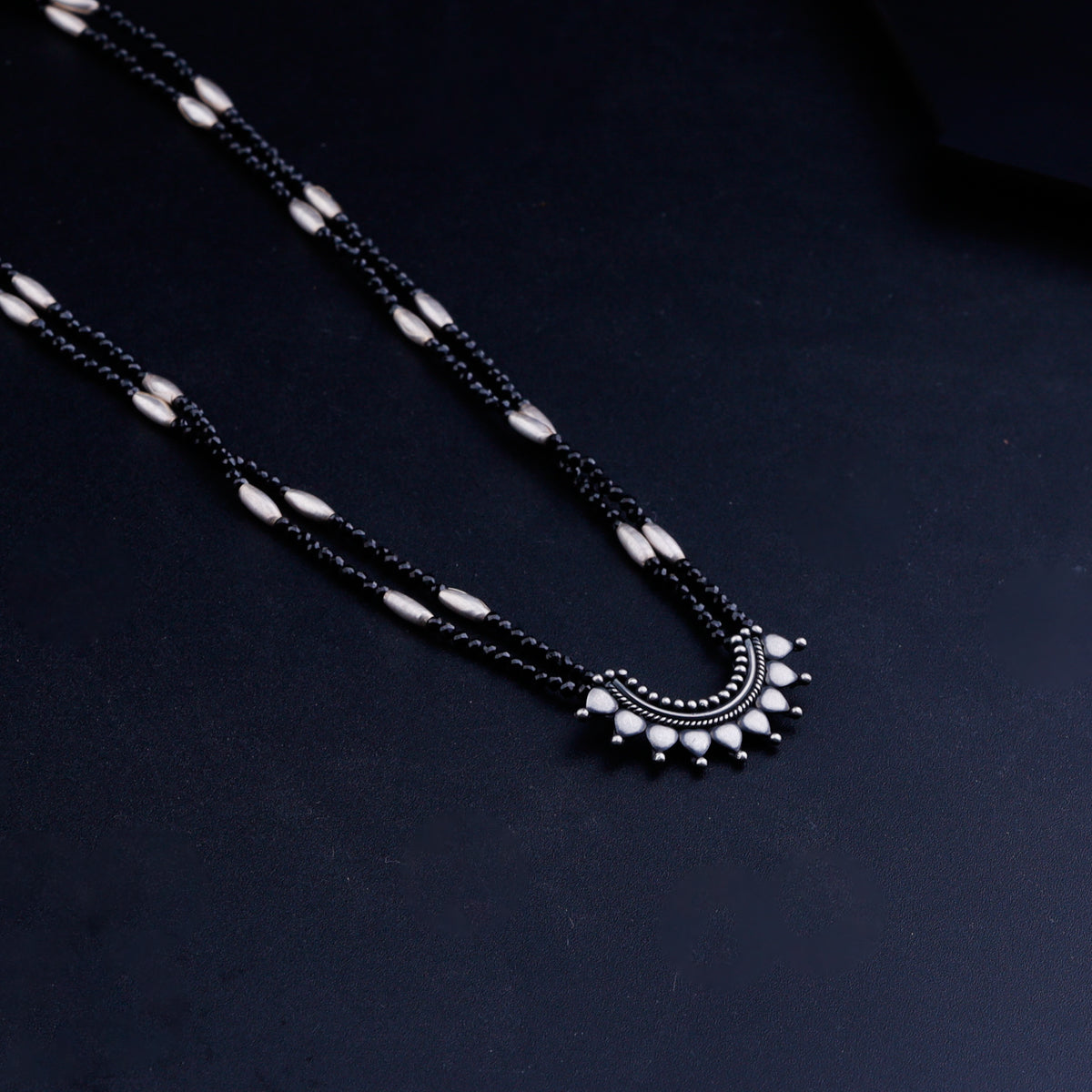 Silver Rice Bead Ghumat Pendant Necklace with Black Spinel