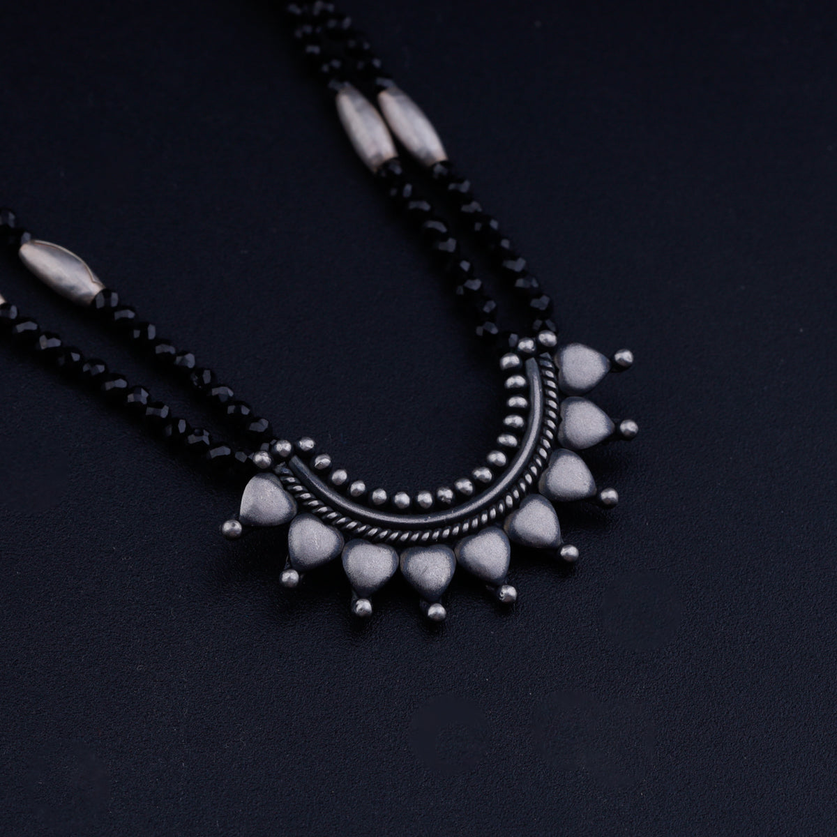 Silver Rice Bead Ghumat Pendant Necklace with Black Spinel