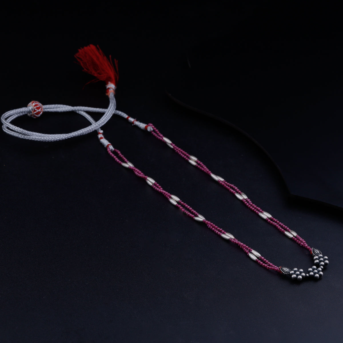 Silver Rice Bead Kudi Pendant Necklace with Ruby