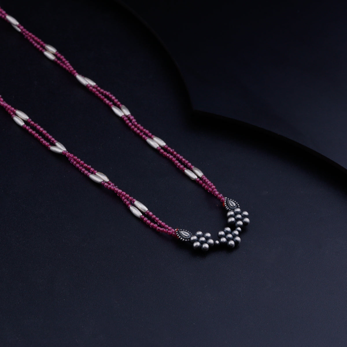 Silver Rice Bead Kudi Pendant Necklace with Ruby