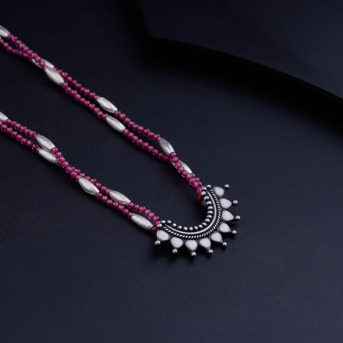 Silver Rice Bead Ghumat Pendant Necklace with Ruby