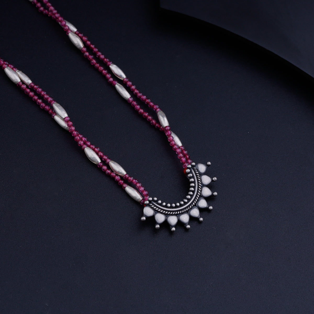 Silver Rice Bead Ghumat Pendant Necklace with Ruby