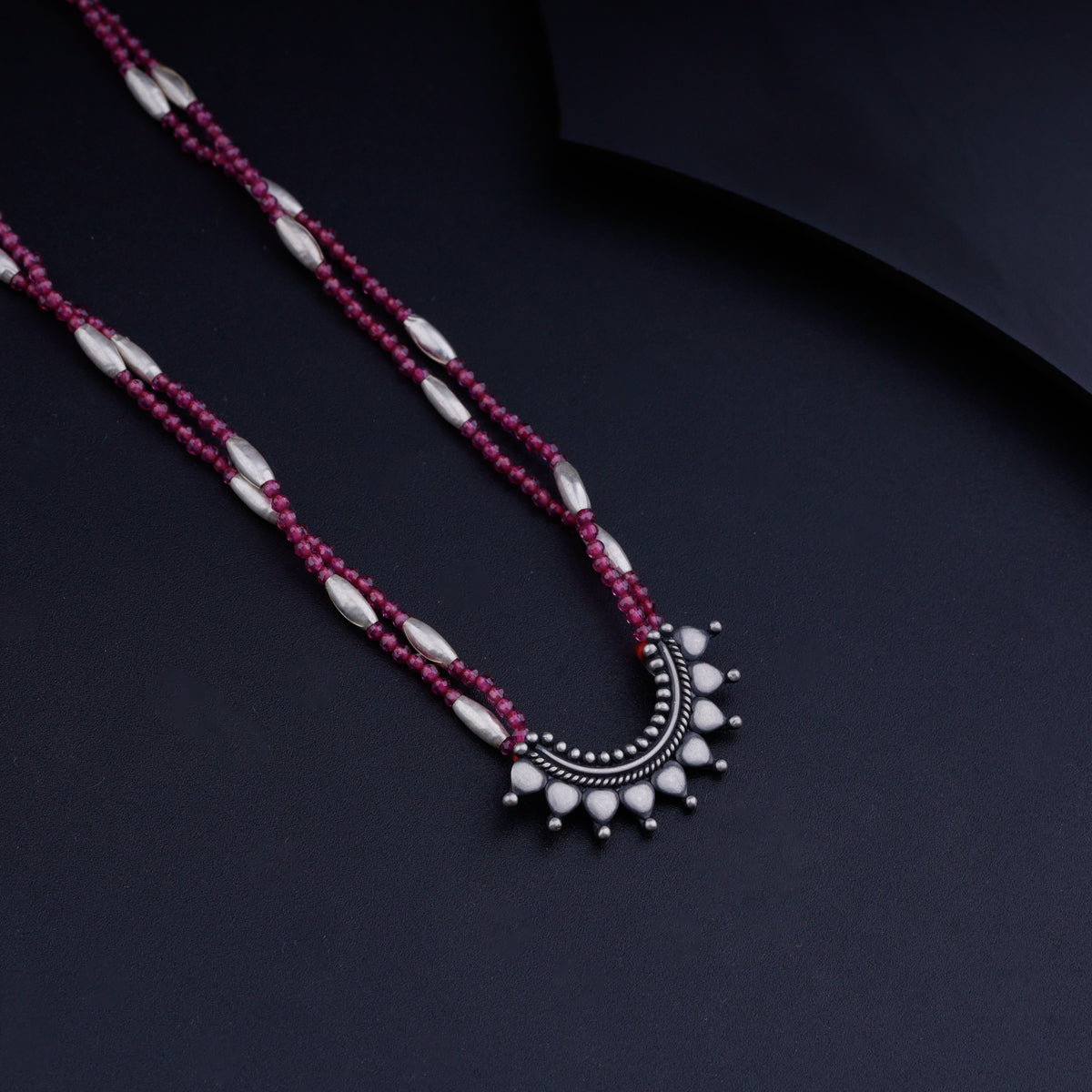 Silver Rice Bead Ghumat Pendant Necklace with Ruby