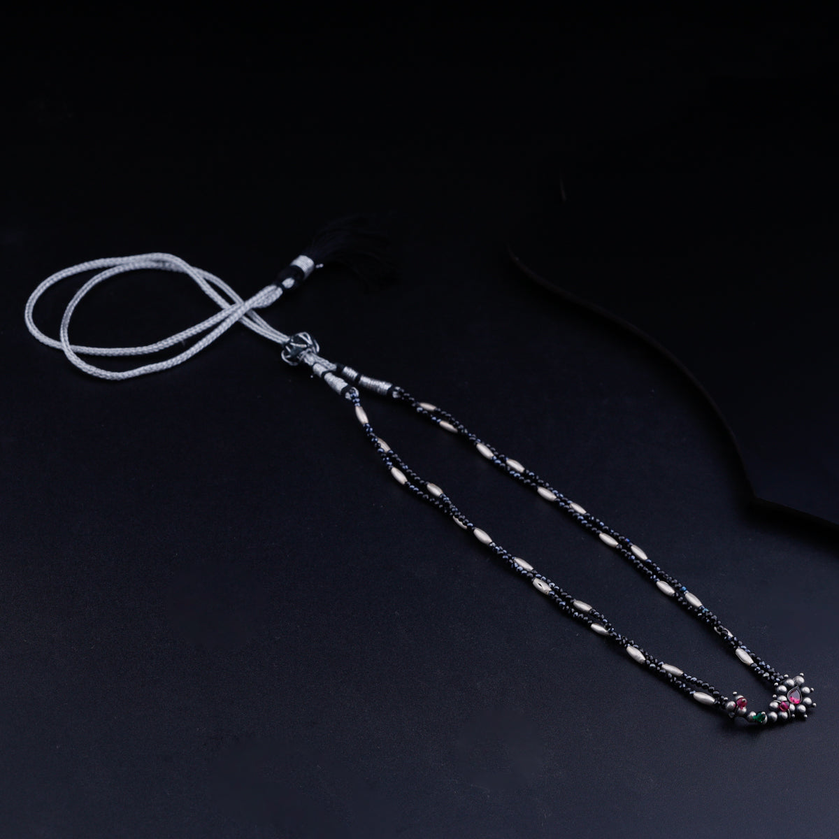 Silver Rice Bead Nath Pendant Necklace with Black Spinel