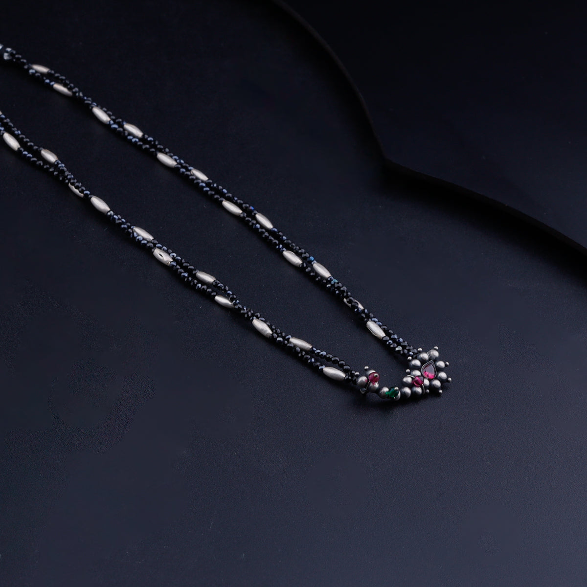 Silver Rice Bead Nath Pendant Necklace with Black Spinel