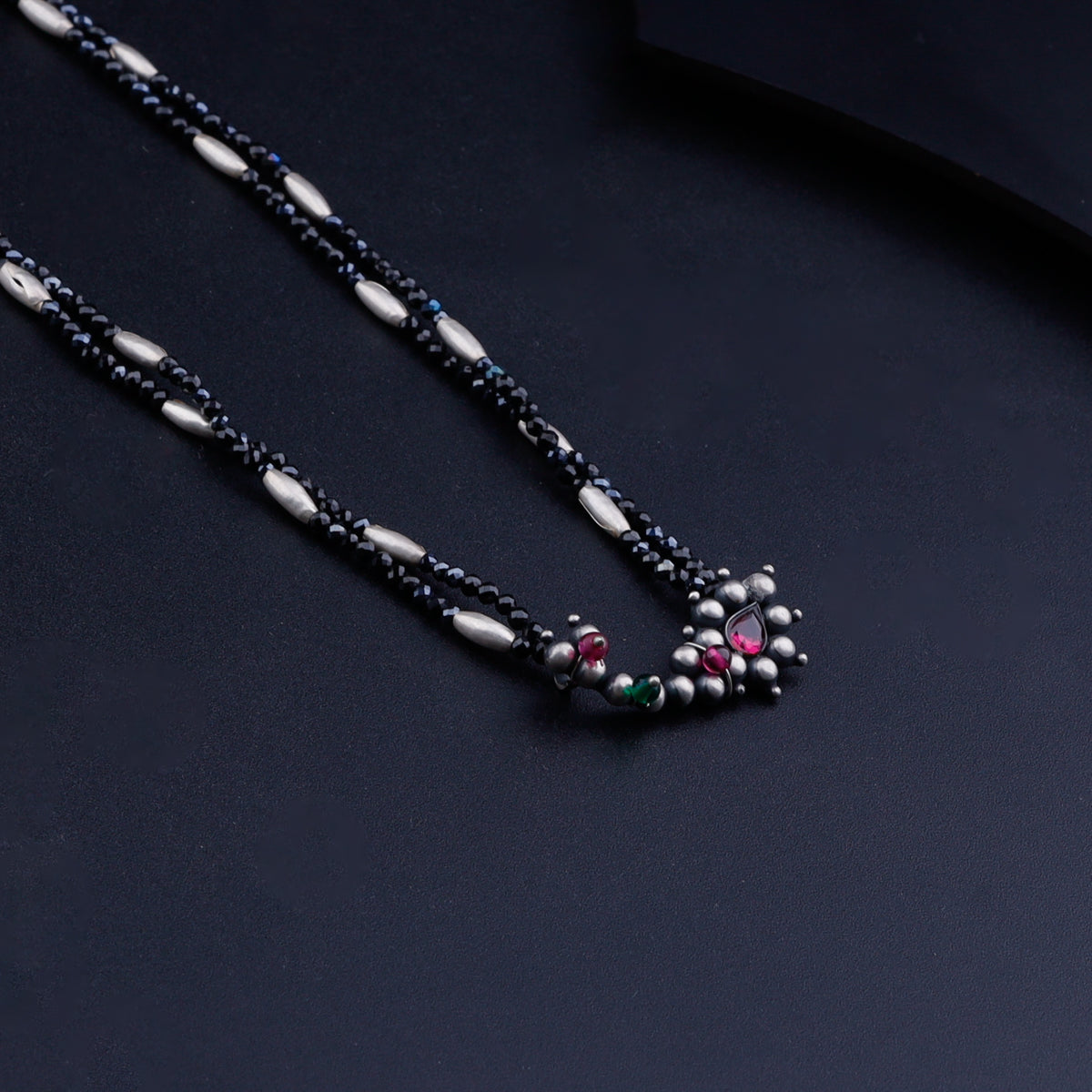 Silver Rice Bead Nath Pendant Necklace with Black Spinel