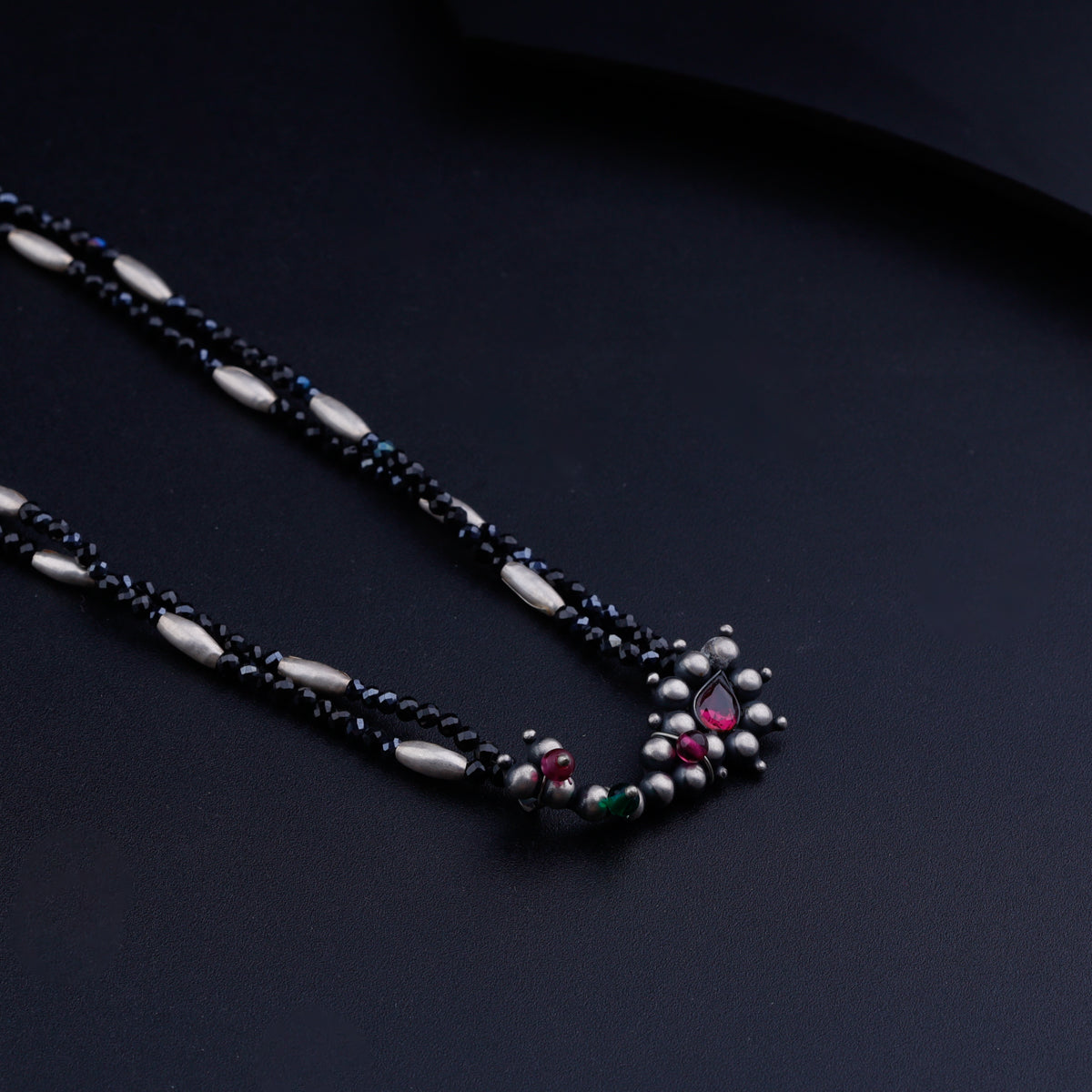 Silver Rice Bead Nath Pendant Necklace with Black Spinel