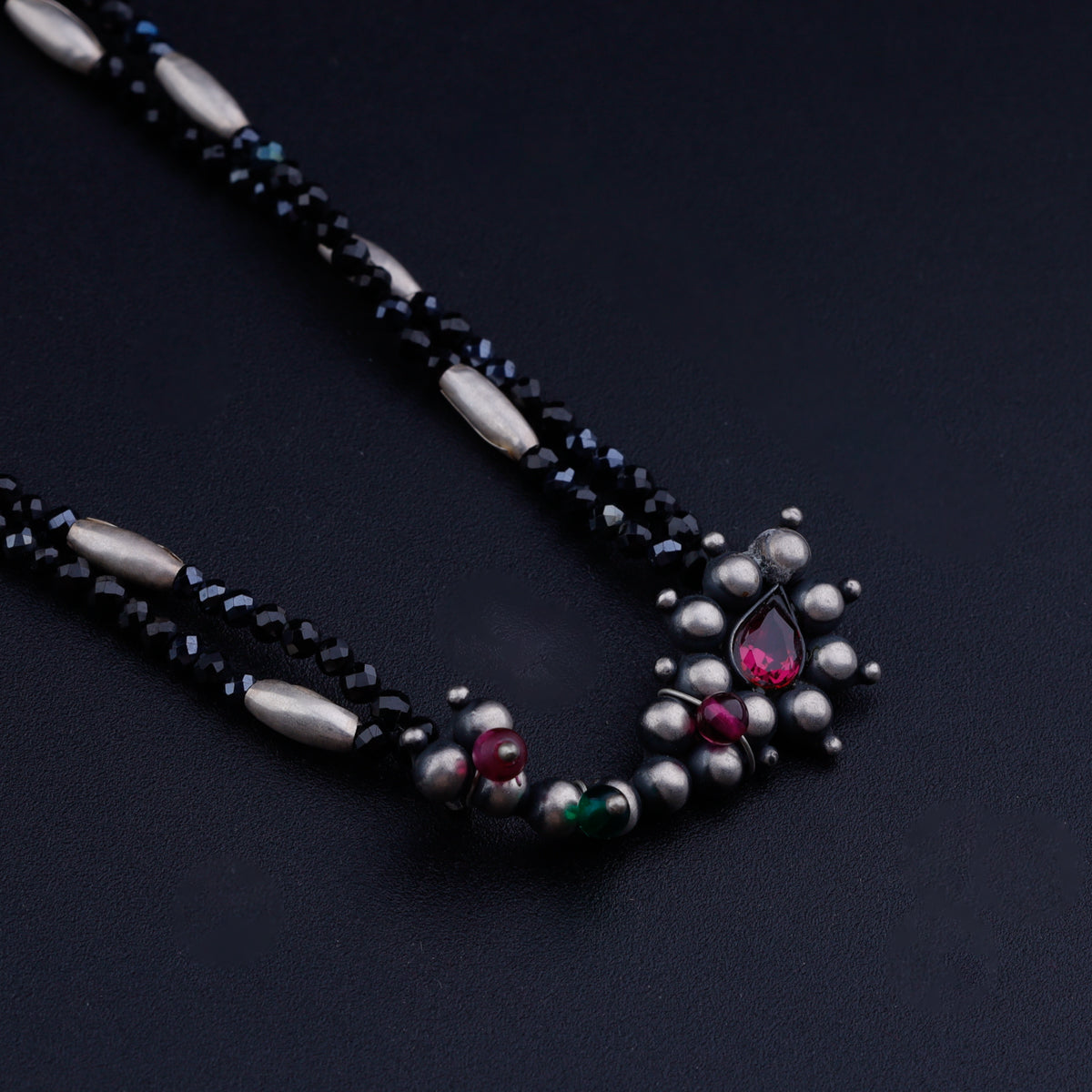 Silver Rice Bead Nath Pendant Necklace with Black Spinel