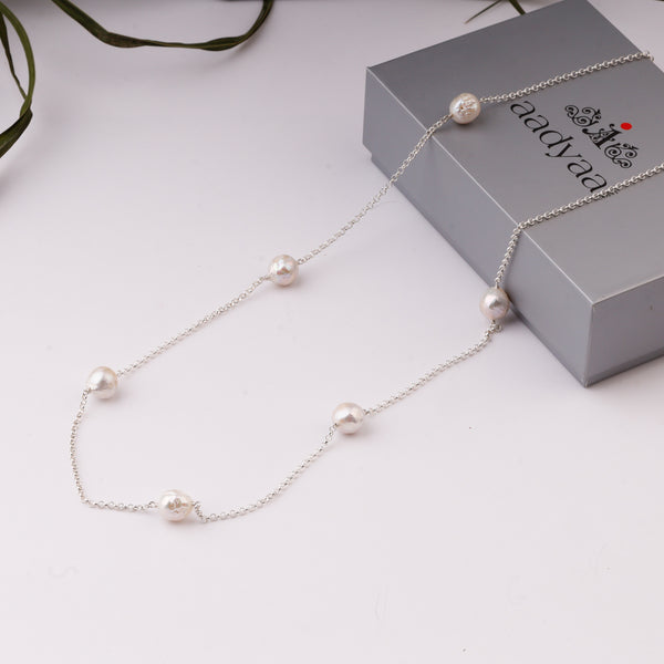 Pearl and silver chain necklace on box