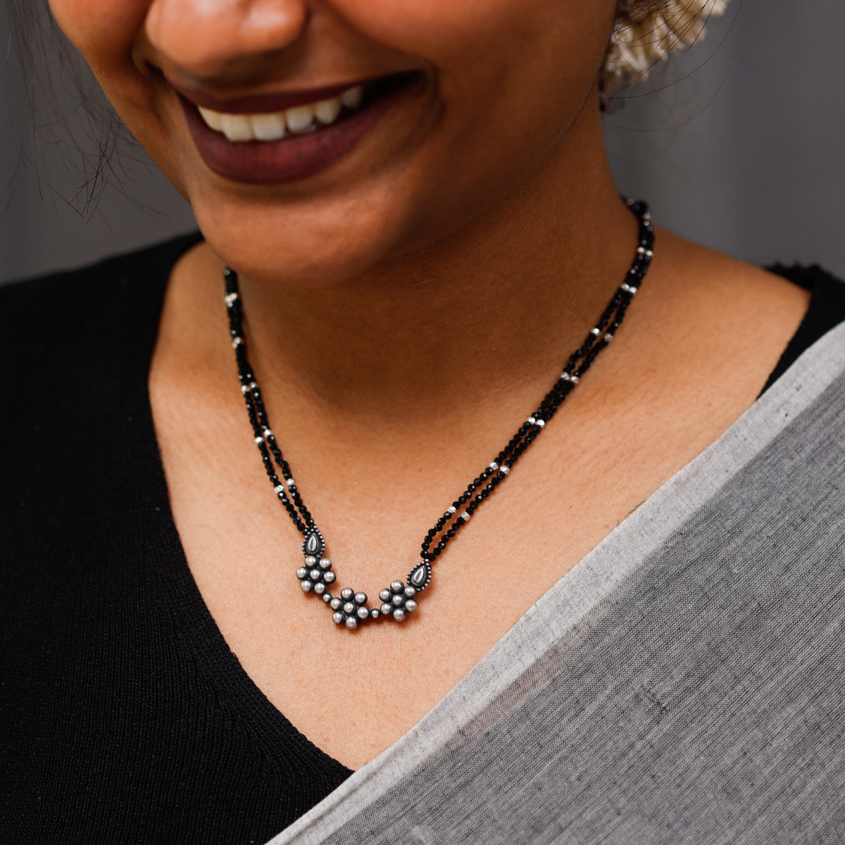 Oxidized Silver Kudi Necklace with Black Spinel