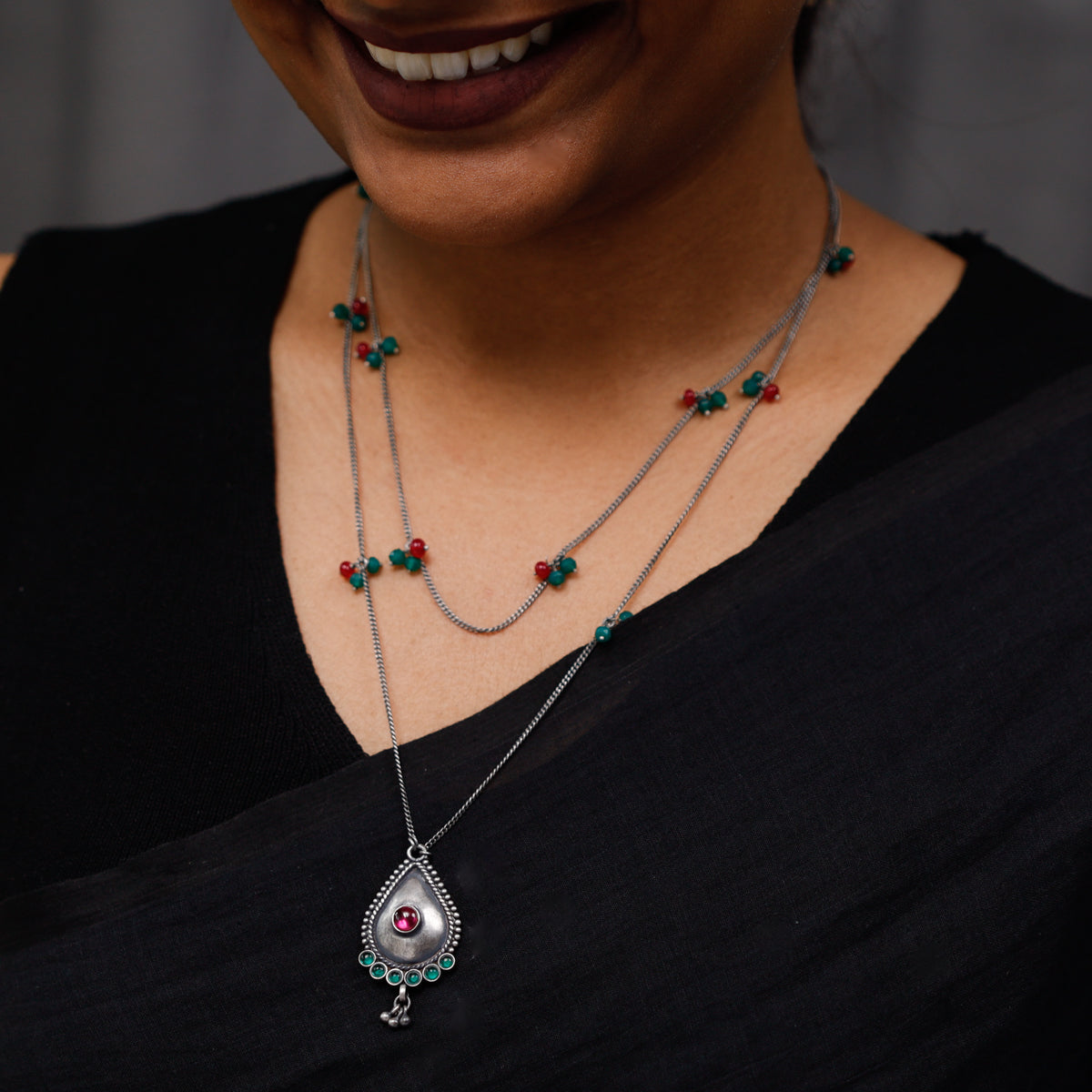 Oxidized Silver Necklace with Ruby and Green Onyx