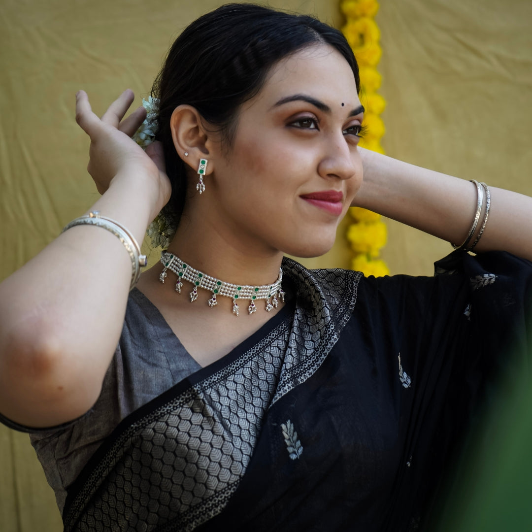 Silver Green Stone and Pearls Chinchapeti Set