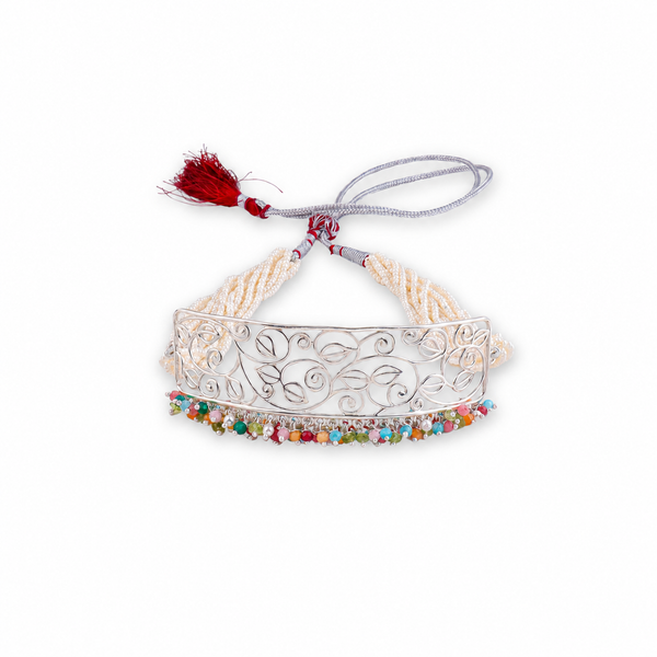 Pearl & Multicolour Bunch Filigree Leaf Choker Necklace