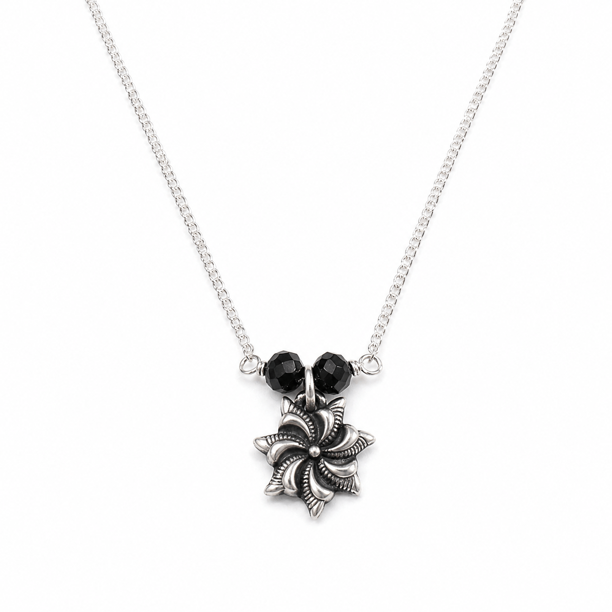 Silver chain with black beads and floral pendant for women