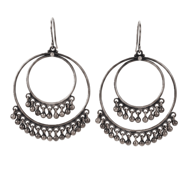 Silver traditional earrings with crescent design and dangling beads