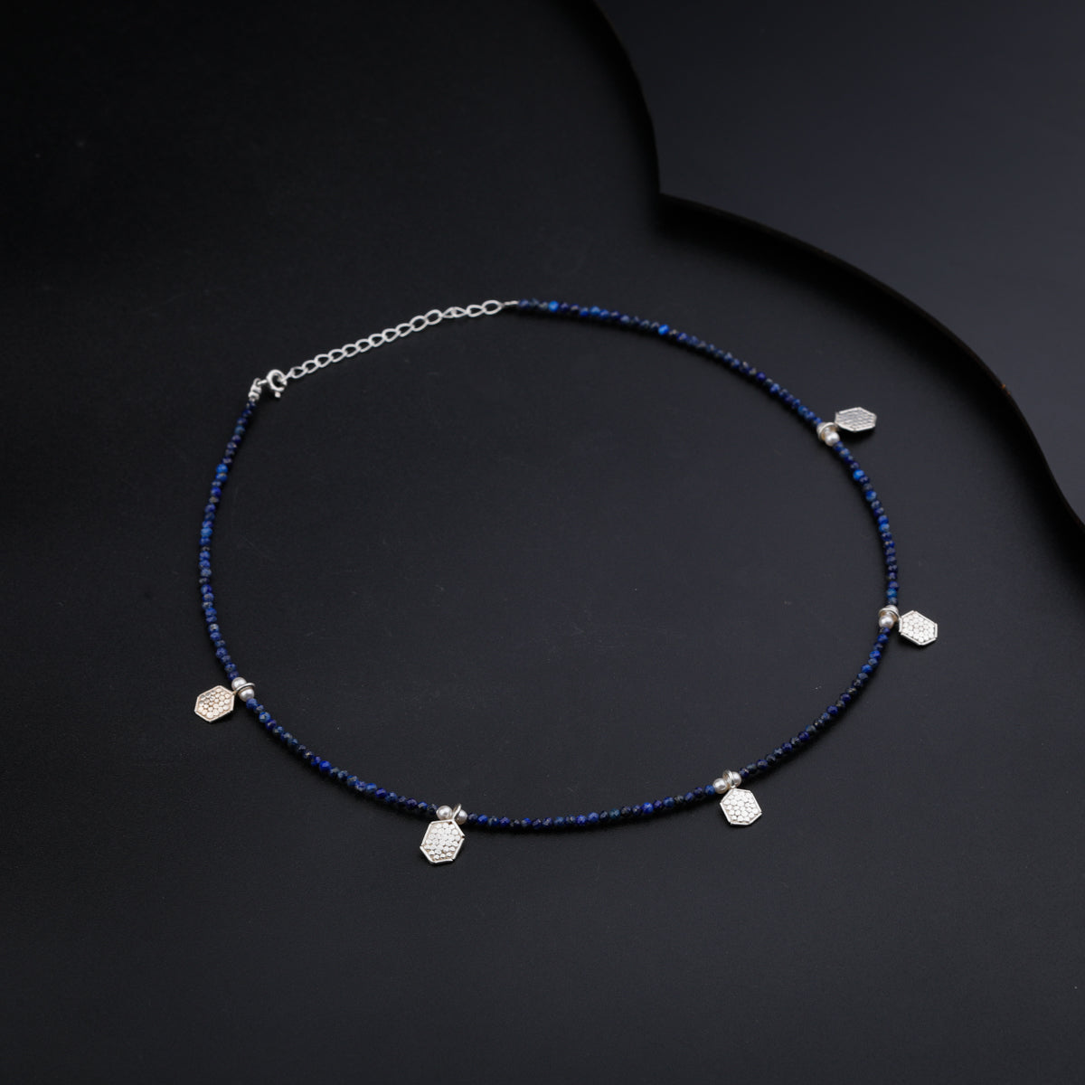 Silver Hammered Hexagonal Multi Charm Necklace with Lapis Lazuli