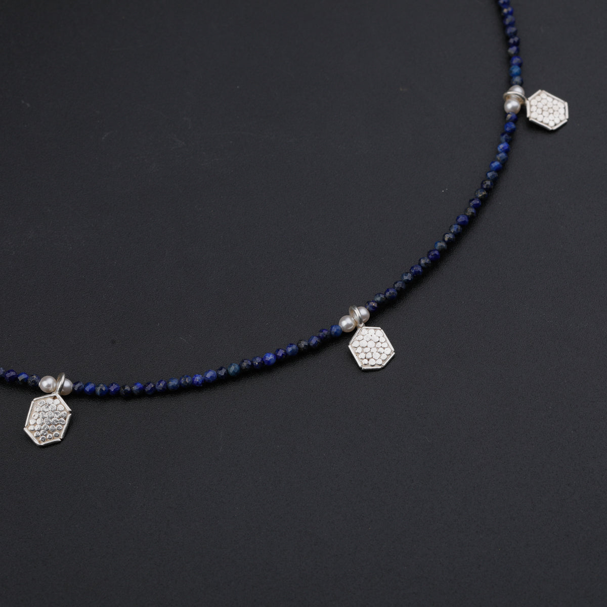 Silver Hammered Hexagonal Multi Charm Necklace with Lapis Lazuli